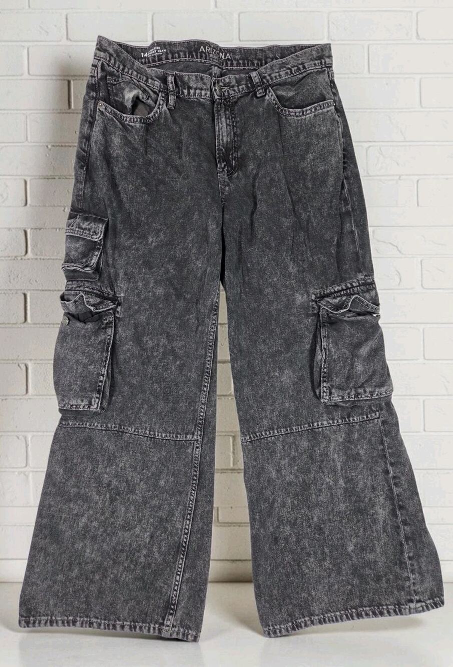 Arizona Jeans Size 14 Low Rise Baggy Wide Leg Cargo Acid Wash Streetwear Grunge